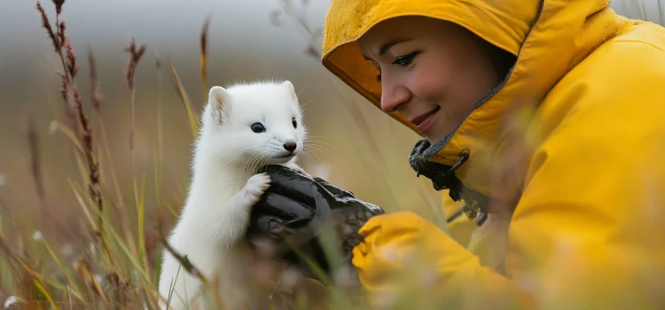 A scientist in a yellow jacket studying a white ermine in a field, showing what we can learn from animals