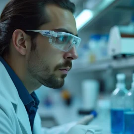 A male scientist with dark hair and a beard wearing a lab coat in a lab illustrates ethical issues of CRISPR