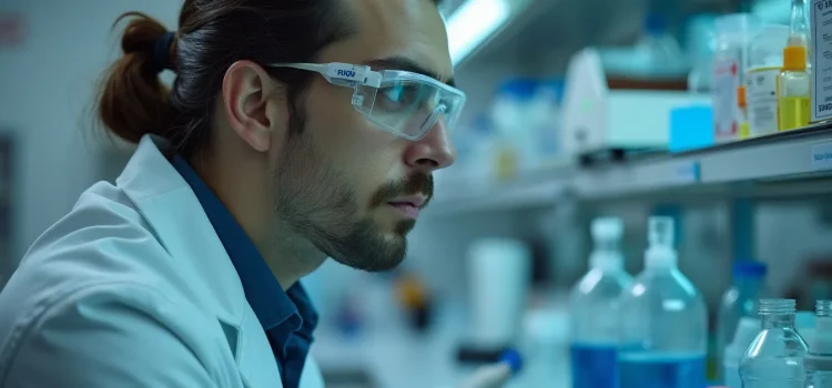 A male scientist with dark hair and a beard wearing a lab coat in a lab illustrates ethical issues of CRISPR