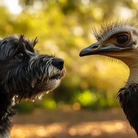 A Scottish terrior and an Australian emu staring at each other