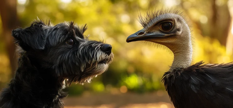 A Scottish terrior and an Australian emu staring at each other