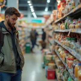 A man looking at products on a shelf at a grocery store illustrates the question What does a customer want?