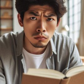 Skeptical or concerned man reading a book