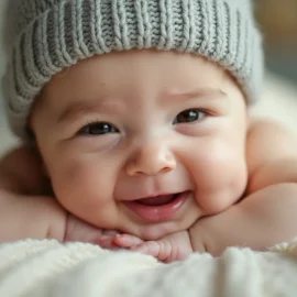 A smiling baby wearing a grey knit hat and lying on a blanket illustrates what has CRISPR been used for