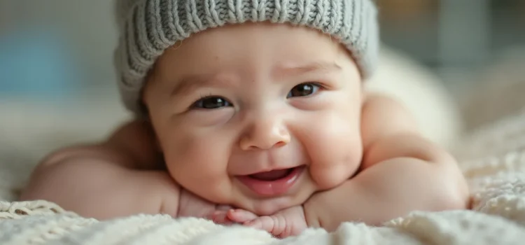 A smiling baby wearing a grey knit hat and lying on a blanket illustrates what has CRISPR been used for