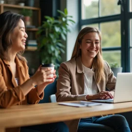 Two female coworkers drinking coffee in an office illustrate one of the three types of relationships in Adlerian psychology