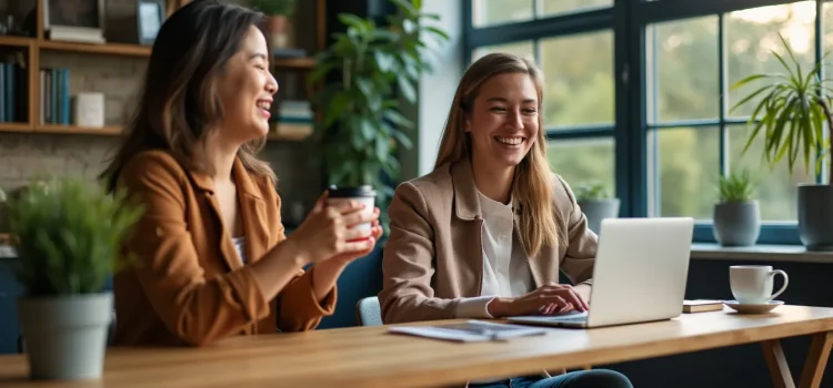 Two female coworkers drinking coffee in an office illustrate one of the three types of relationships in Adlerian psychology