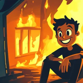 A cartoon of a man smiling while sitting in front of a burning house, representing how to embrace change