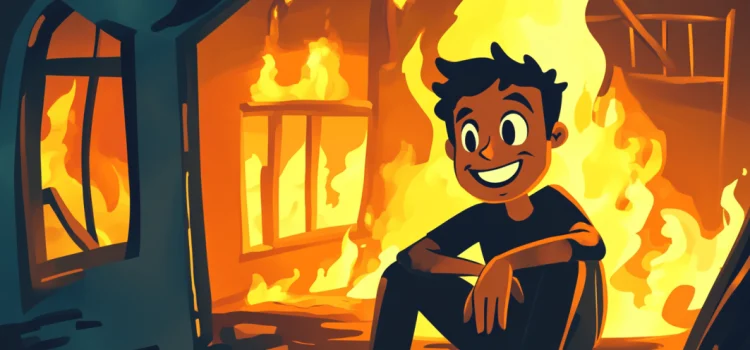 A cartoon of a man smiling while sitting in front of a burning house, representing how to embrace change