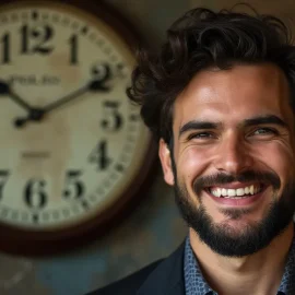 A man with a large clock behind him illustrates it's crucial to remember that, when managing your time, you are not a machine