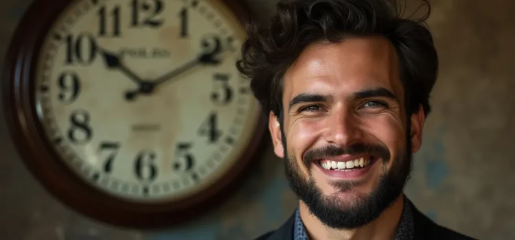 A man with a large clock behind him illustrates it's crucial to remember that, when managing your time, you are not a machine