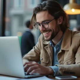 A smiling man with a beard and eyeglasses working on a laptop in a cafe illustrates how to write social media posts