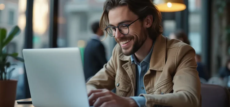 A smiling man with a beard and eyeglasses working on a laptop in a cafe illustrates how to write social media posts