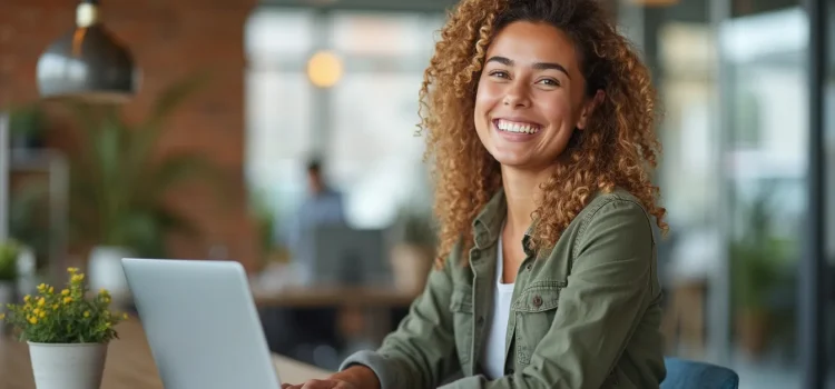 A smiling woman with curly hair working on a laptop illustrates the importance of a healthy mental environment