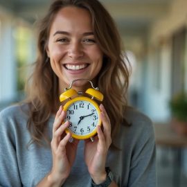 A smiling woman on a veranda holding a yellow alarm clock illustrates effective time management strategies