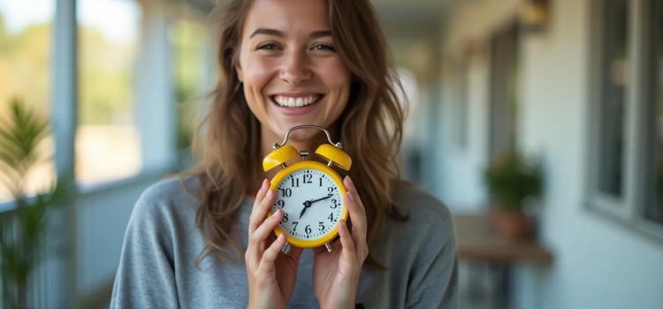 A smiling woman on a veranda holding a yellow alarm clock illustrates effective time management strategies