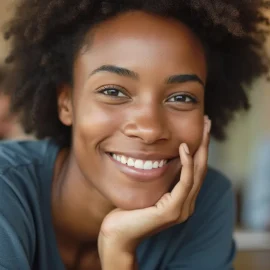 A calm, confident woman with black curly hair and her chin resting in her hand illustrates how to deactivate fight-or-flight