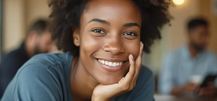 A calm, confident woman with black curly hair and her chin resting in her hand illustrates how to deactivate fight-or-flight