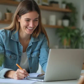 What is eustress? A smiling, energized woman working at her laptop illustrates the concept of eustress