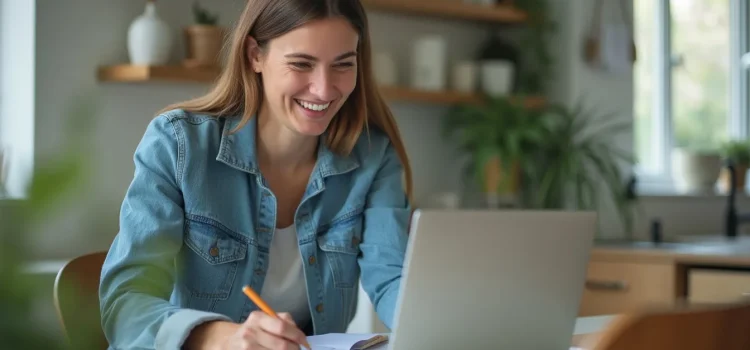 What is eustress? A smiling, energized woman working at her laptop illustrates the concept of eustress