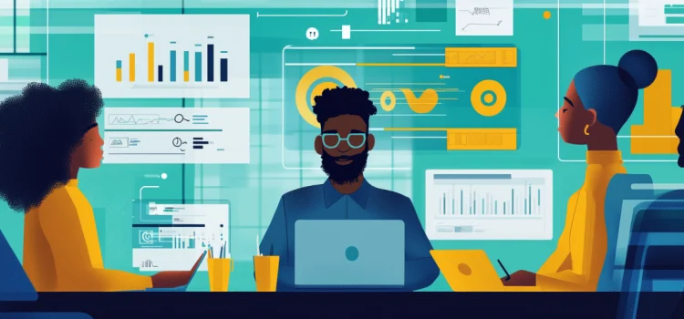 A technology team showing what product leadership is by working at a desk on laptops with graphs and charts behind them.