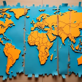 A world map on torn pieces of paper illustrates Peter Zeihan's deglobalization views