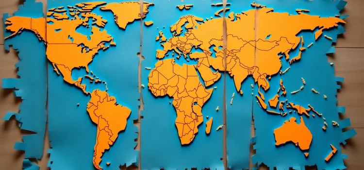 A world map on torn pieces of paper illustrates Peter Zeihan's deglobalization views