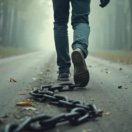 A man walking away from chains on the ground symbolizes the innate desire for independence described in Adlerian psychology