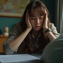 A woman calming down with papers in front of her illustrates a conflict resolution plan