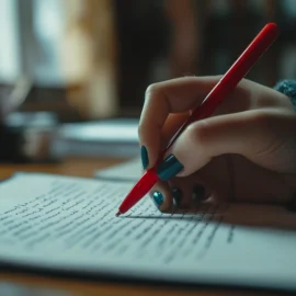 A woman's hand with turquoise nail polish uses a red pen to edit a piece of writing to achieve tighter writing