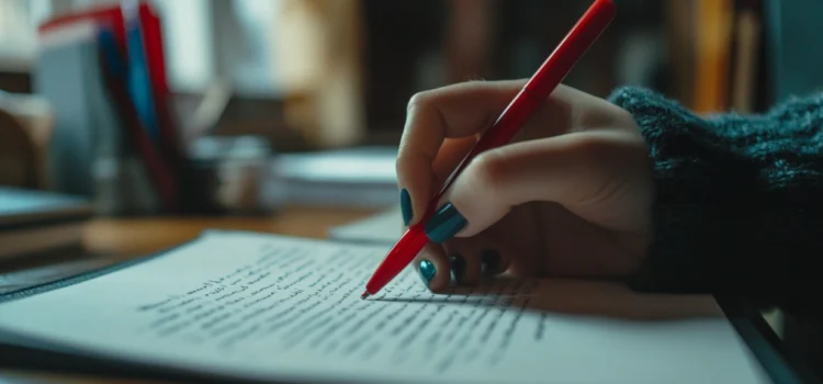 A woman's hand with turquoise nail polish uses a red pen to edit a piece of writing to achieve tighter writing