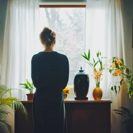 A woman standing in front of an urn in her living room, practicing intentional grief