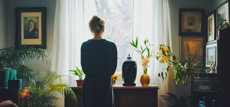 A woman standing in front of an urn in her living room, practicing intentional grief