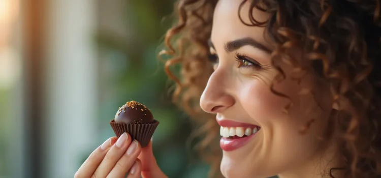 A smiling woman with curly brown hair holding a chocolate truffle illustrates small rewards