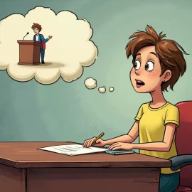 A cartoon of a woman at a desk imagining herself speaking at a podium illustrates how to prepare for speaking in public