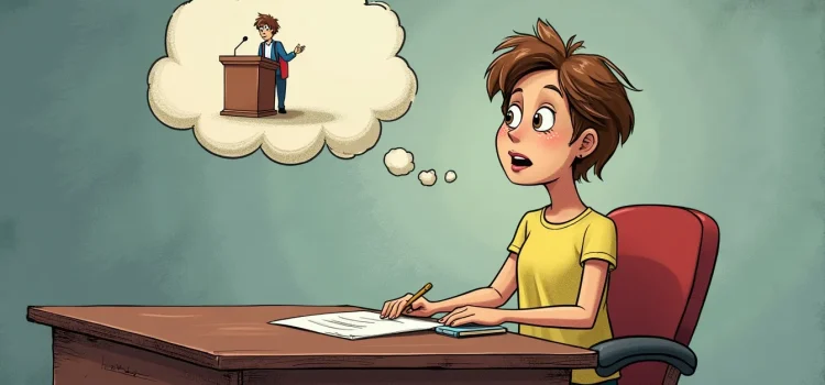 A cartoon of a woman at a desk imagining herself speaking at a podium illustrates how to prepare for speaking in public