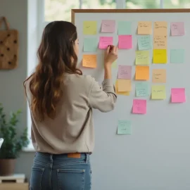 A woman putting sticky notes on a whiteboard in a home office illustrates setting goals and priorities