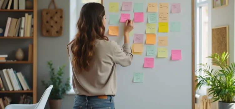 A woman putting sticky notes on a whiteboard in a home office illustrates setting goals and priorities