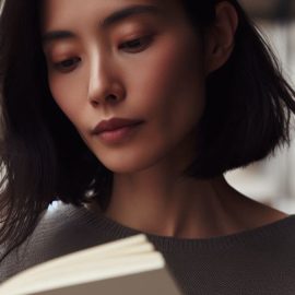 A woman with black hair reading a book outdoors in a city setting