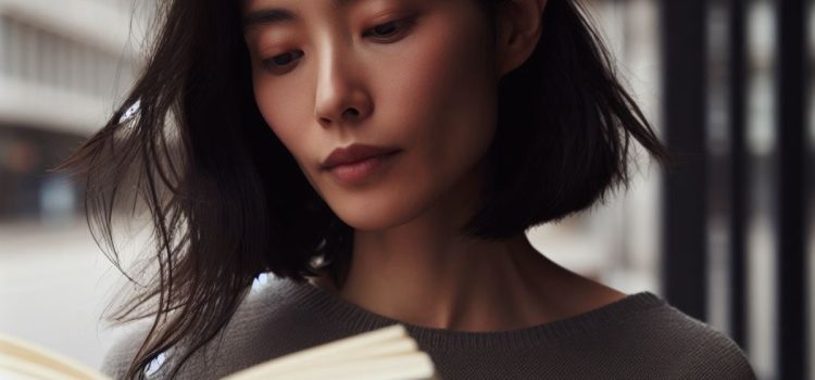 A woman with black hair reading a book outdoors in a city setting