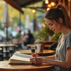 A woman with a ponytail sitting at an outdoor cafe and reading a book