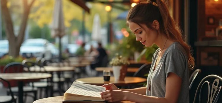 A woman with a ponytail sitting at an outdoor cafe and reading a book