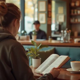 A woman with a ponytail wearing a sweatshirt seen from behind reading a book in a cafe