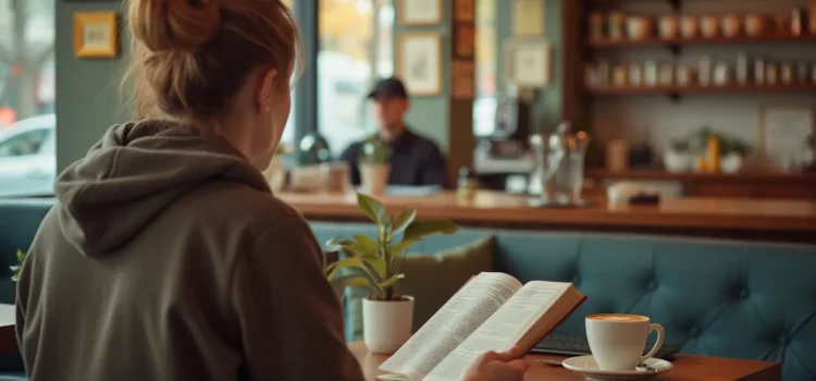 A woman with a ponytail wearing a sweatshirt seen from behind reading a book in a cafe