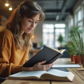 A woman with long brown hair and an orange sweater reading a book in an open office with lots of windows and plants