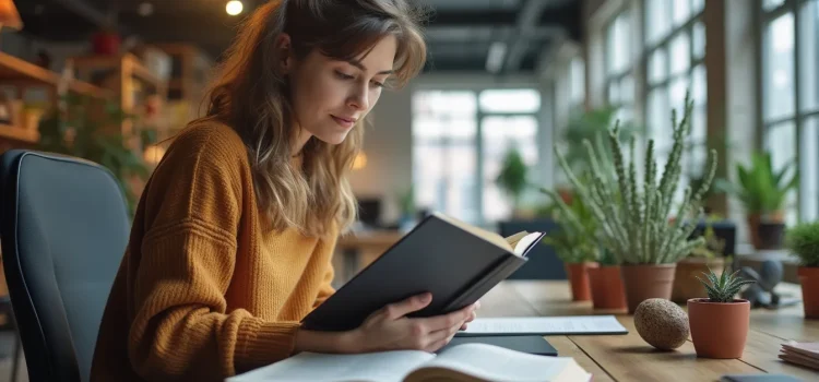 A woman with long brown hair and an orange sweater reading a book in an open office with lots of windows and plants