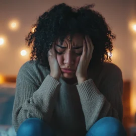 A woman sitting on a bed looking sad and stressed who is learning how to cope with emotions