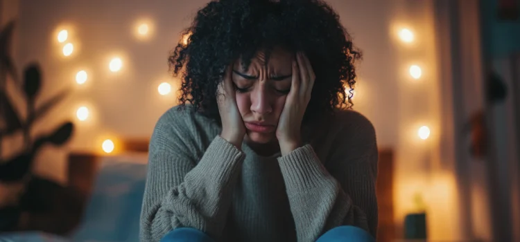 A woman sitting on a bed looking sad and stressed who is learning how to cope with emotions