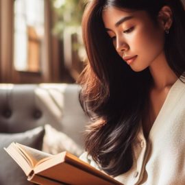 a young woman with long black hair reading a book while sitting in on a sofa in a cozy environment