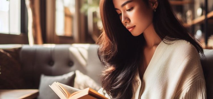 a young woman with long black hair reading a book while sitting in on a sofa in a cozy environment